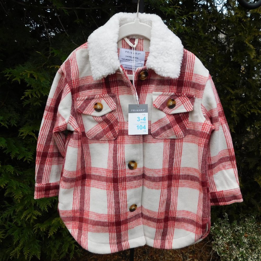 Primark Girls 3-4Y Plaid Chamois Shacket with Sherpa Collar NWT